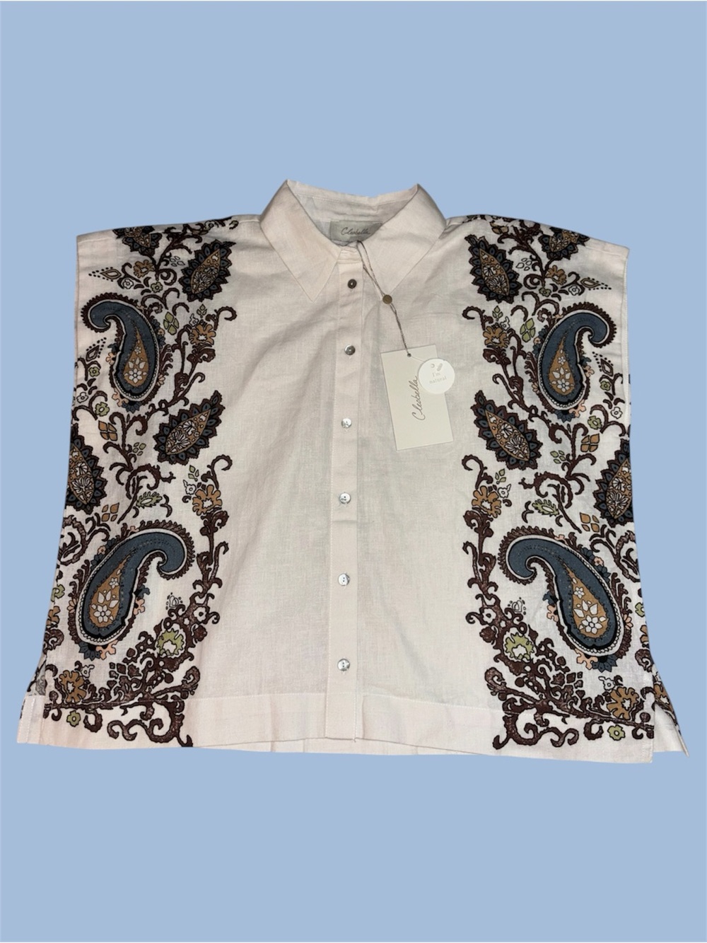Cleobella Selene Cream Button Down Sleeveless Blouse with Paisley Print